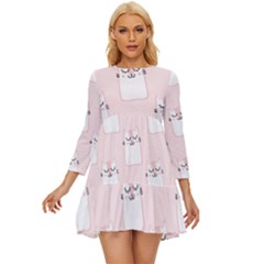 Pattern Pink Cute Sweet Fur Cats Long Sleeve Babydoll Dress