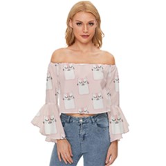 Pattern Pink Cute Sweet Fur Cats Off Shoulder Flutter Bell Sleeve Top