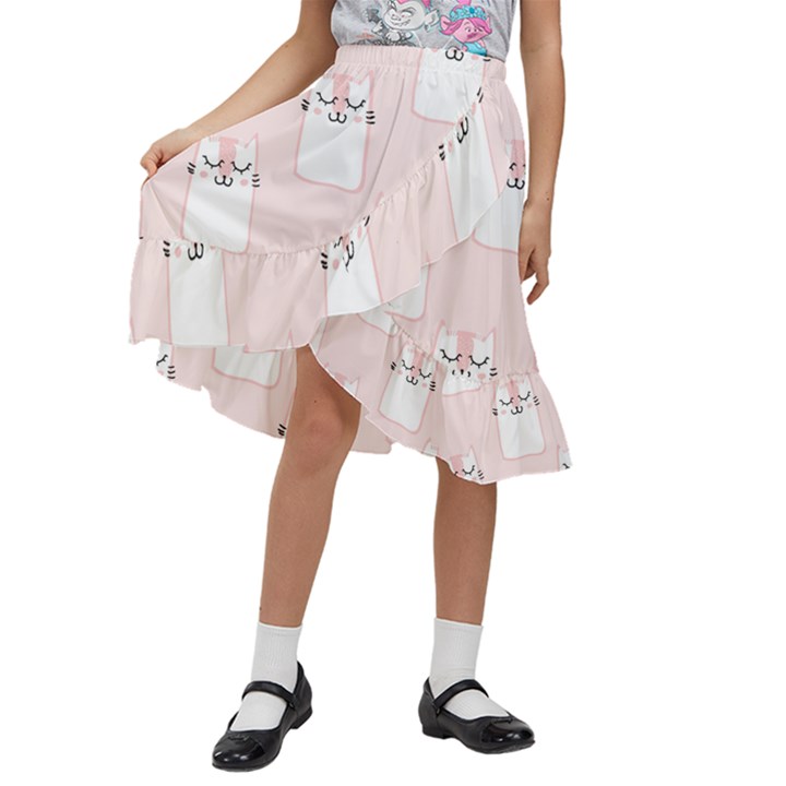 Pattern Pink Cute Sweet Fur Cats Kids  Ruffle Flared Wrap Midi Skirt