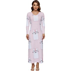 Pattern Pink Cute Sweet Fur Cats Long Sleeve Longline Maxi Dress