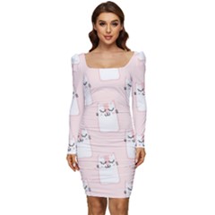 Pattern Pink Cute Sweet Fur Cats Women Long Sleeve Ruched Stretch Jersey Dress