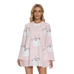 Pattern Pink Cute Sweet Fur Cats Round Neck Long Sleeve Bohemian Style Chiffon Mini Dress