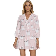 Pattern Pink Cute Sweet Fur Cats V-Neck Placket Mini Dress