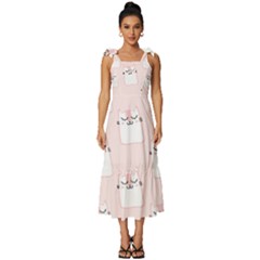 Pattern Pink Cute Sweet Fur Cats Tie-Strap Tiered Midi Chiffon Dress