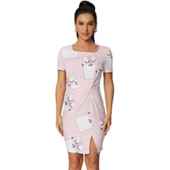 Pattern Pink Cute Sweet Fur Cats Fitted Knot Split End Bodycon Dress