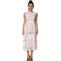 Pattern Pink Cute Sweet Fur Cats Sleeveless Round Neck Midi Dress