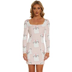 Pattern Pink Cute Sweet Fur Cats Long Sleeve Square Neck Bodycon Velvet Dress