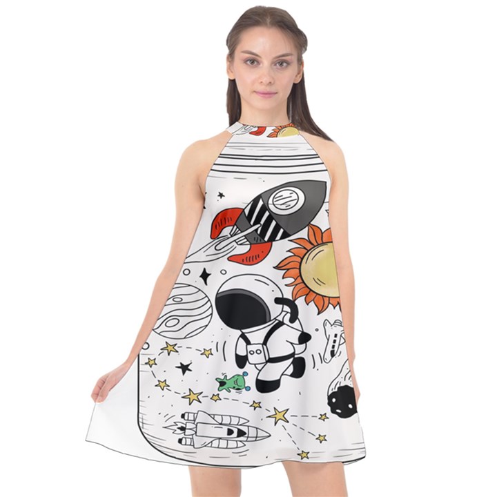 Astronaut Drawing Planet Halter Neckline Chiffon Dress 