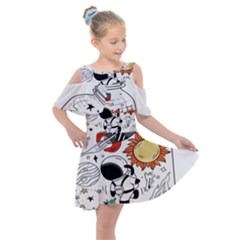 Astronaut Drawing Planet Kids  Shoulder Cutout Chiffon Dress by Salman4z