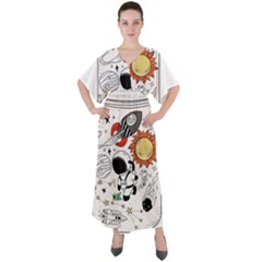 Astronaut Drawing Planet V-neck Boho Style Maxi Dress by Salman4z