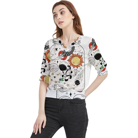 Astronaut Drawing Planet Quarter Sleeve Blouse by Salman4z