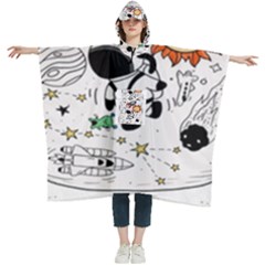 Astronaut Drawing Planet Women s Hooded Rain Ponchos