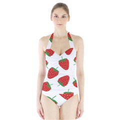 Seamless Pattern Fresh Strawberry Halter Swimsuit by Salman4z