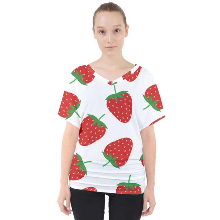 Seamless Pattern Fresh Strawberry V-Neck Dolman Drape Top