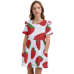 Seamless Pattern Fresh Strawberry Kids  Frilly Sleeves Pocket Dress by Salman4z