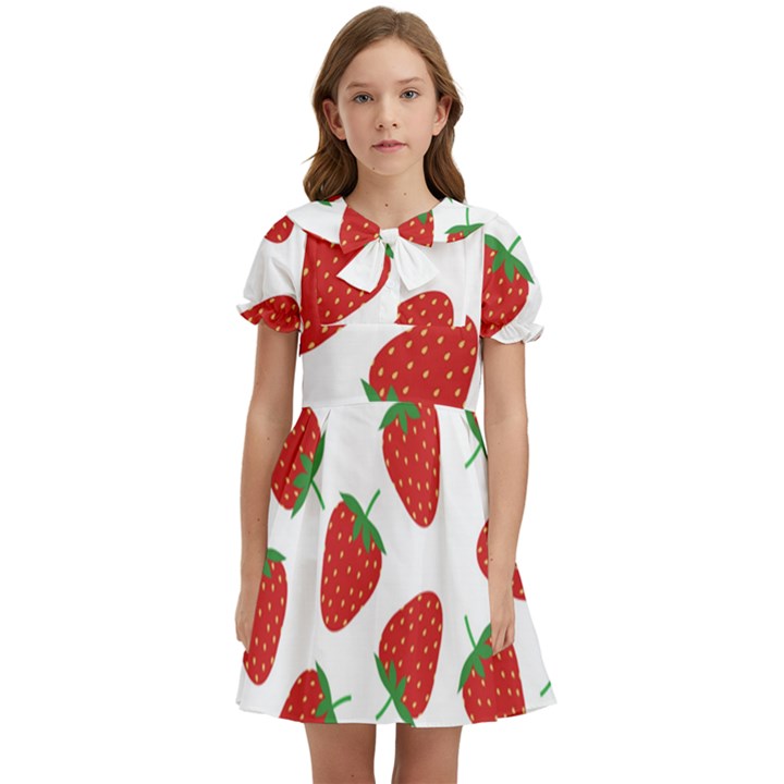 Seamless Pattern Fresh Strawberry Kids  Bow Tie Puff Sleeve Dress