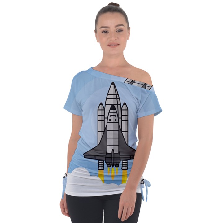 Rocket Shuttle Spaceship Science Off Shoulder Tie-Up Tee