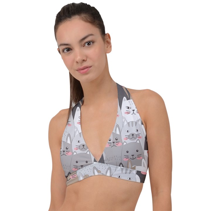 Cute Cats Seamless Pattern Halter Plunge Bikini Top