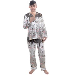 Cute Cats Seamless Pattern Men s Long Sleeve Satin Pajamas Set by Salman4z