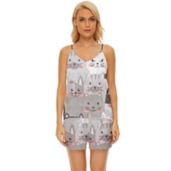 Cute Cats Seamless Pattern V-neck Satin Pajamas Set