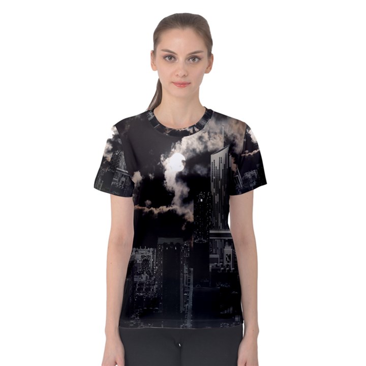 City Night Moon Skyline Skyscraper Women s Sport Mesh Tee