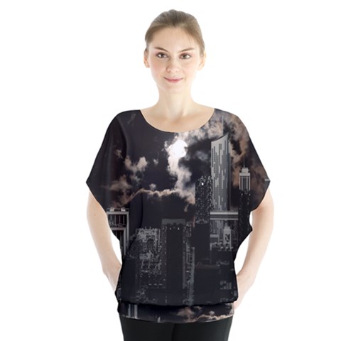 City Night Moon Skyline Skyscraper Batwing Chiffon Blouse by Salman4z