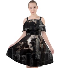 City Night Moon Skyline Skyscraper Cut Out Shoulders Chiffon Dress by Salman4z