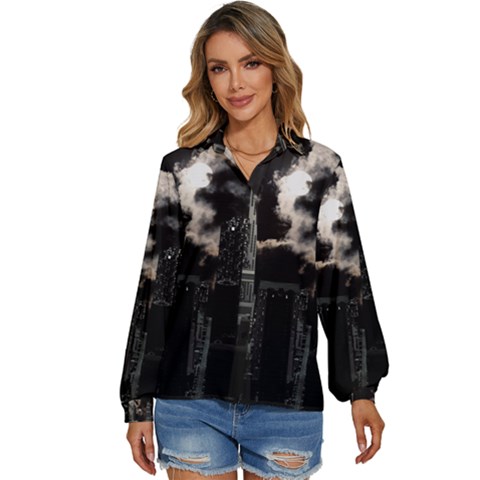 City Night Moon Skyline Skyscraper Women s Long Sleeve Button Up Shirt by Salman4z