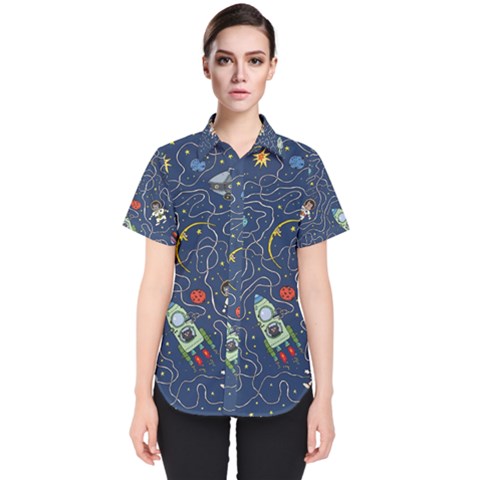 Cat Cosmos Cosmonaut Rocket Women s Short Sleeve Shirt by Salman4z