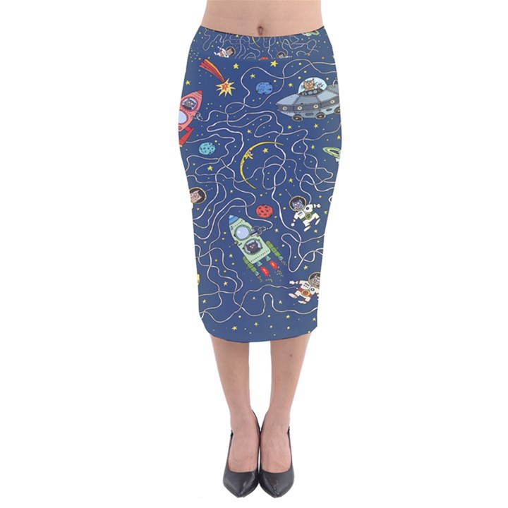 Cat Cosmos Cosmonaut Rocket Velvet Midi Pencil Skirt