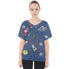 Cat Cosmos Cosmonaut Rocket V-neck Dolman Drape Top by Salman4z