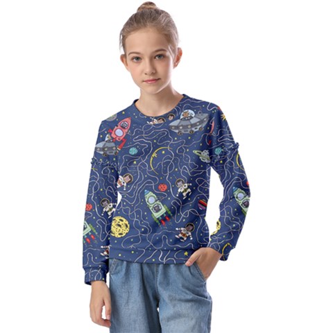 Cat Cosmos Cosmonaut Rocket Kids  Long Sleeve Tee With Frill  by Salman4z