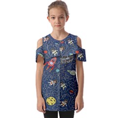 Cat Cosmos Cosmonaut Rocket Fold Over Open Sleeve Top by Salman4z