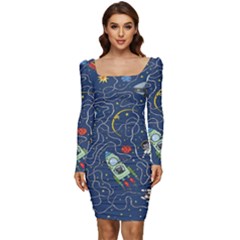 Cat Cosmos Cosmonaut Rocket Women Long Sleeve Ruched Stretch Jersey Dress by Salman4z