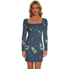 Cat Cosmos Cosmonaut Rocket Long Sleeve Square Neck Bodycon Velvet Dress by Salman4z