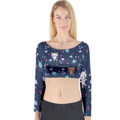 Cute Astronaut Cat With Star Galaxy Elements Seamless Pattern Long Sleeve Crop Top by Salman4z