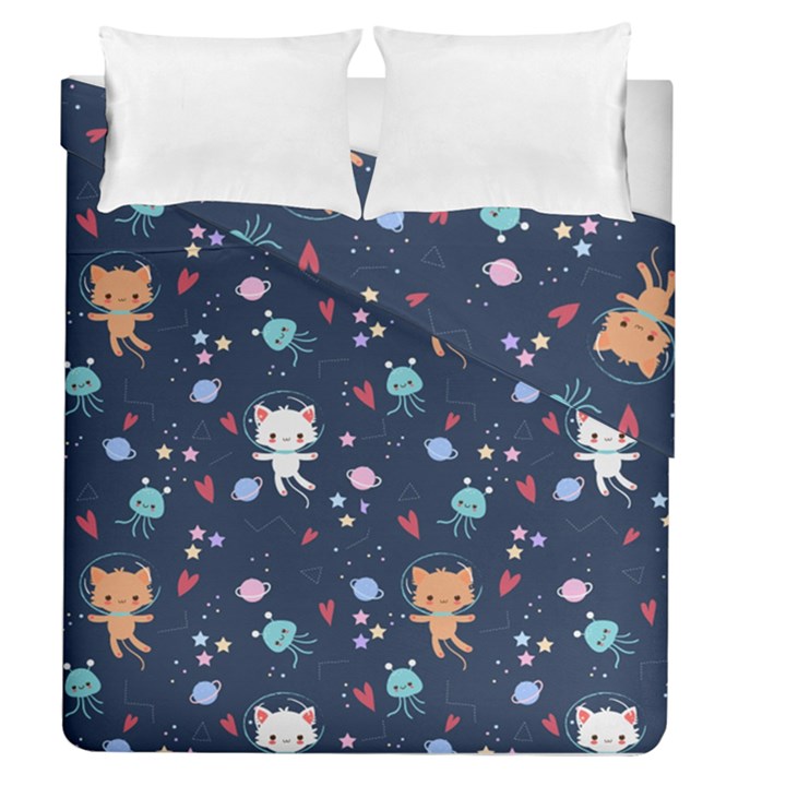 Cute Astronaut Cat With Star Galaxy Elements Seamless Pattern Duvet Cover Double Side (Queen Size)