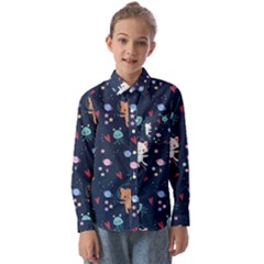 Cute Astronaut Cat With Star Galaxy Elements Seamless Pattern Kids  Long Sleeve Shirt by Salman4z