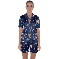 Cute Astronaut Cat With Star Galaxy Elements Seamless Pattern Satin Short Sleeve Pajamas Set by Salman4z