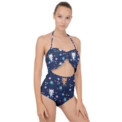 Cute Astronaut Cat With Star Galaxy Elements Seamless Pattern Scallop Top Cut Out Swimsuit by Salman4z