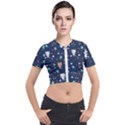 Cute Astronaut Cat With Star Galaxy Elements Seamless Pattern Short Sleeve Cropped Jacket View1