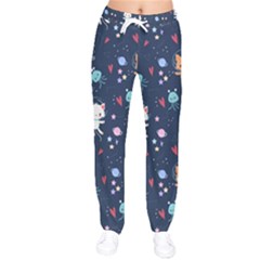 Cute Astronaut Cat With Star Galaxy Elements Seamless Pattern Women Velvet Drawstring Pants by Salman4z