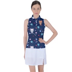 Cute Astronaut Cat With Star Galaxy Elements Seamless Pattern Women s Sleeveless Polo Tee by Salman4z