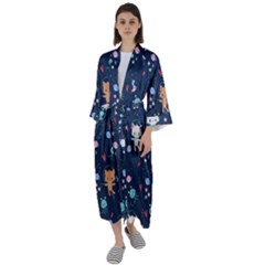 Cute Astronaut Cat With Star Galaxy Elements Seamless Pattern Maxi Satin Kimono by Salman4z