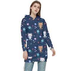 Cute Astronaut Cat With Star Galaxy Elements Seamless Pattern Women s Long Oversized Pullover Hoodie by Salman4z