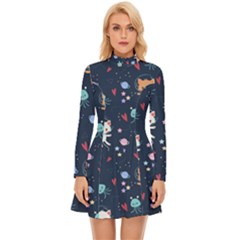 Cute Astronaut Cat With Star Galaxy Elements Seamless Pattern Long Sleeve Velour Longline Dress by Salman4z