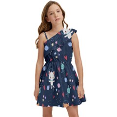 Cute Astronaut Cat With Star Galaxy Elements Seamless Pattern Kids  One Shoulder Party Dress by Salman4z