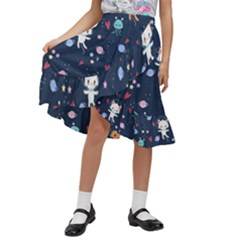 Cute Astronaut Cat With Star Galaxy Elements Seamless Pattern Kids  Ruffle Flared Wrap Midi Skirt by Salman4z