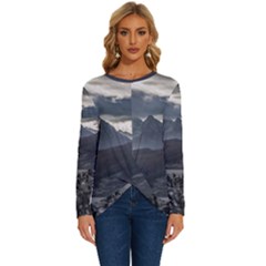 Nature s Symphony: A Portrait Of Ushuaia s Wild Beauty  Long Sleeve Crew Neck Pullover Top by dflcprintsclothing