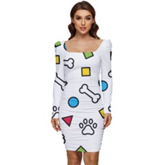 Dog Paw Seamless Pattern Footprint Bone Women Long Sleeve Ruched Stretch Jersey Dress by Salman4z